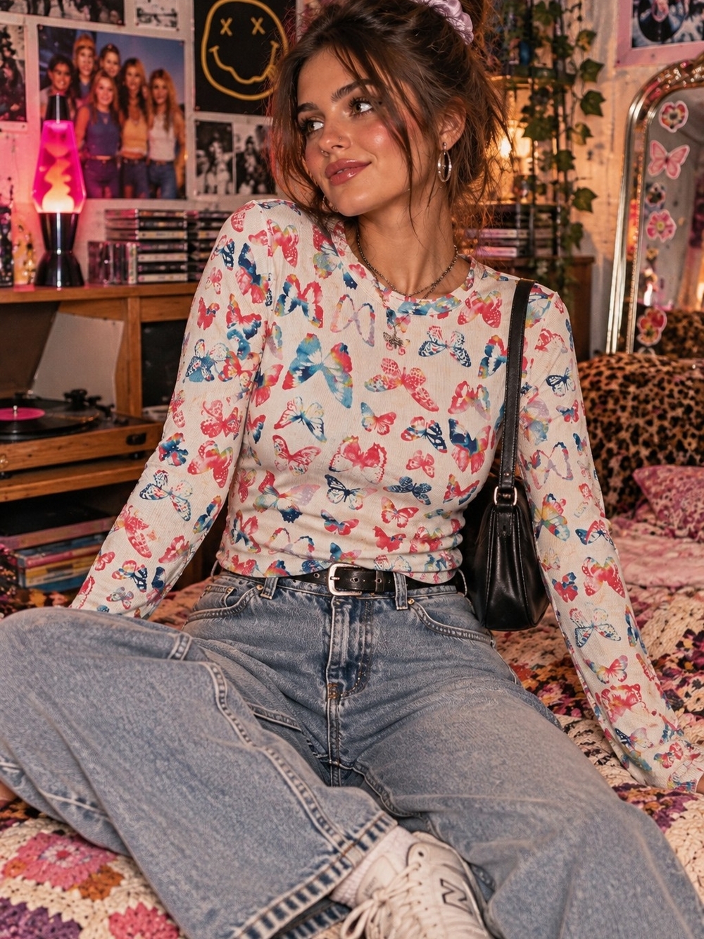 No Boundaries Long-Sleeve Butterfly Print Top - White with Pink & Blue